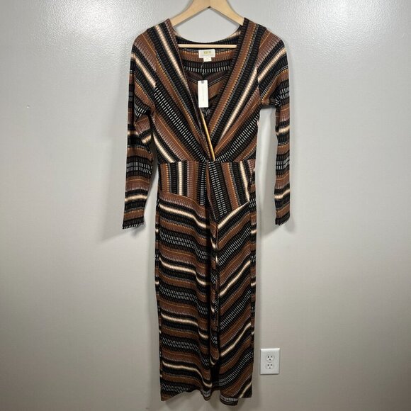 Maeve Anthropologie Striped Wrap Midi Dress Size Small Brown Work Office Retro - Picture 2 of 12